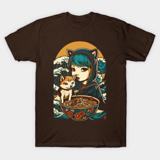 Girl with a Shiba Inu dog friend eats and loves ramen T-Shirt